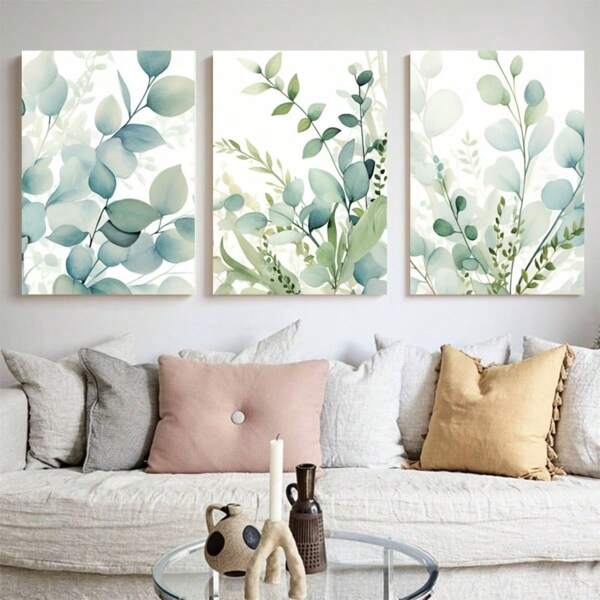 3pcs Set, Boho Botanical Wall Art Prints, Unframed Eucalyptus Leaves Watercolor Art, Minimalist Sage Green Plants Decor, Ideal For Bedroom & Office, School Supplies, Classroom Decor, Teaching Posters & Posters