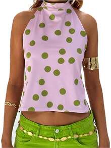 Women Halter Top, Sleeveless Tops Backless Dots/Flower Print Summer Vest For Club Party - Hồng - Xem 6