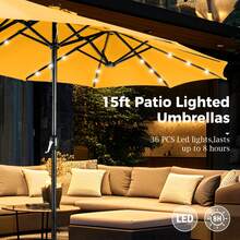 15ft Extra Large Outdoor Patio Double-Sided Umbrella With LED Solar Lights & Umbrella Base, Beige - Gold Yellow - View 2