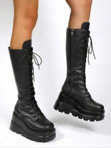 Women's Punk Style Lace Up Knee High Boots, Black Boots, Fashionable Solid Color Wedge Boots For Daily Life, Platform Y2k Minimalist Boots For Women & Girls, Valentine's Day, Gift - Black - View 5