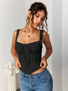 PARTHEA Camiseta de tirantes con patchwork de encaje y volantes - Negro - Ver 5