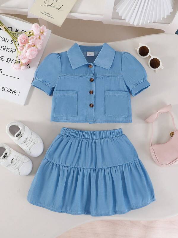 Young Girl Summer Sweet Casual Collared Puff Sleeve Blue Top With Chest Pocket Decor & Fashionable Casual Mini Skirt 2-Piece Set, Suitable For School, Commute, Daily Wear, Vacation