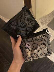 Sanrio 1pc Cute Kitty Velveted Mesh Cosmetic Bag, Portable Data Cable Organizer Pouch, Handheld Carry Bag For Outdoor