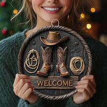 1 pieza Letrero de metal retro de vaquero de bienvenida, cartel de metal divertido, impresión plana 2D de uso múltiple, fácil de colgar, adecuado para habitación, hogar, cocina, oficina, jardín, exterior, dormitorio, sala de estar, cafetería, comedor, garaje, decoración de bar - Multicolor - Ver 2