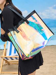 Juego de 1/2 bolso de playa transparente y perlado grande, bolso de mano para mujeres, bolsa de playa impermeable y a prueba de arena con bolsillo con cremallera y bolsa transparente con láser, para vacaciones, días festivos, viajes, playa, piscina, crucero, bolsa de barco, regalo de cumpleaños, regalo de fiesta - Multicolor - Ver 3