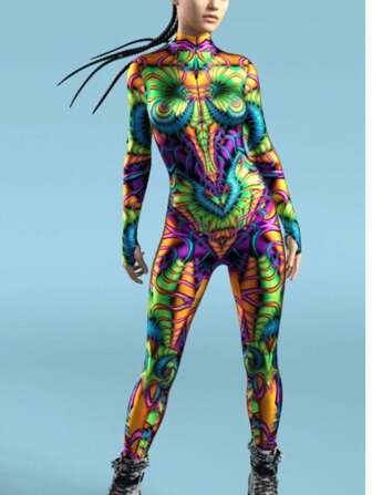 Sexy jumpsuit voor dames, bodycon, optredens, festivals, bloemenprint, lange mouwen, gebreide stof