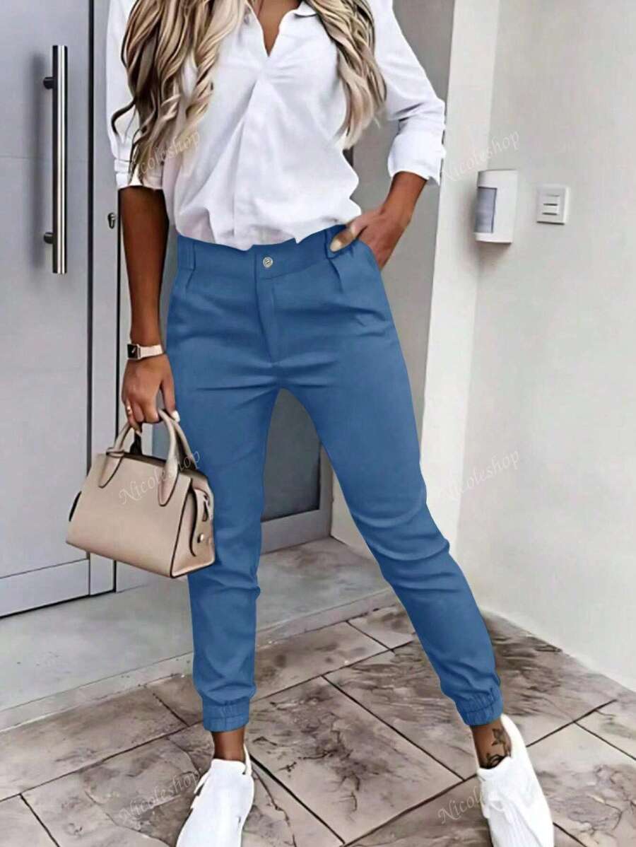 Pantalones casuales delgados y ajustados de un solo color, aptos para ir al trabajo y uso diario, para primavera/verano