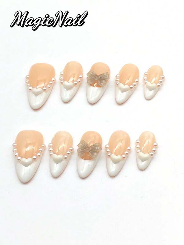 10 Pieces Of Pure Hand-Pressed Wearable Nail, Press On Nails,Nail Supplies,Nails Ptess On,Beach Essentials,25mm Almond Shape, Pink White And White Contrast Color, White Small Pearl And White Heart Shape To Form A Necklace Shape, 3D Bow Ornaments. Spring And Summer Style, Ballet Style. It Is Suitable For Daily Leisure Vacations, And Can Be Worn When Attending Dances, Banquets, Parties And Other Activities.