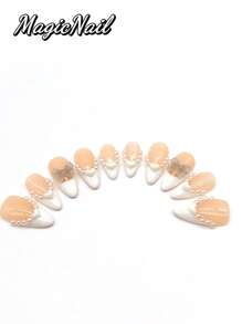 10 Pieces Of Pure Hand-Pressed Wearable Nail, Press On Nails,Nail Supplies,Nails Ptess On,Beach Essentials,25mm Almond Shape, Pink White And White Contrast Color, White Small Pearl And White Heart Shape To Form A Necklace Shape, 3D Bow Ornaments. Spring And Summer Style, Ballet Style. It Is Suitable For Daily Leisure Vacations, And Can Be Worn When Attending Dances, Banquets, Parties And Other Activities.