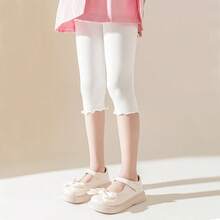 4 Pairs Summer Girls/Kids/Infants Ruffle Edge Capri Leggings, White/Gray/Black/Pink Solid Colors, Thin 3/4 Length Pants, Casual Cute Fashion, Soft & Comfortable Bottoms, Suitable For Daily Wear, Can Be Paired With Tops Or Skirts