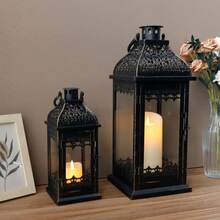 Set Of 2 Decorative Candle Lanterns Vintage Hanging Lantern Metal Candle Holder For Garden Living Room Indoor Outdoor Parties Weddings Balcony - Black - View 7