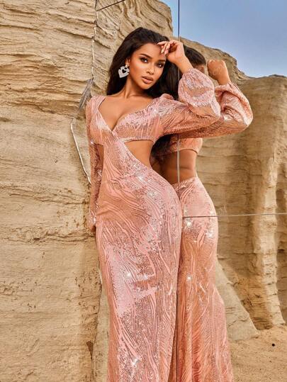 Vestido largo de fiesta de manga larga, ajustado, con espalda descubierta, cintura anudada, abertura y dobladillo de cola de sirena, con detalles de rayas y cuentas, elegante y sexy, adecuado para ocasiones especiales