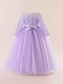 Tween Girls Lace 3/4 Sleeve Bow Mesh Elegant Birthday Party Princess Dress, Suitable For School Graduation Prom Flower Girl, Headband Not Included - Mauve Purple - View 2