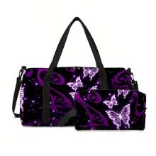 Lila Schmetterling bedruckter Reisetasche + Make-up Tasche Zwei-Teile-Set Tasche für Schule, Schul-Accessoires, Schulsachen
