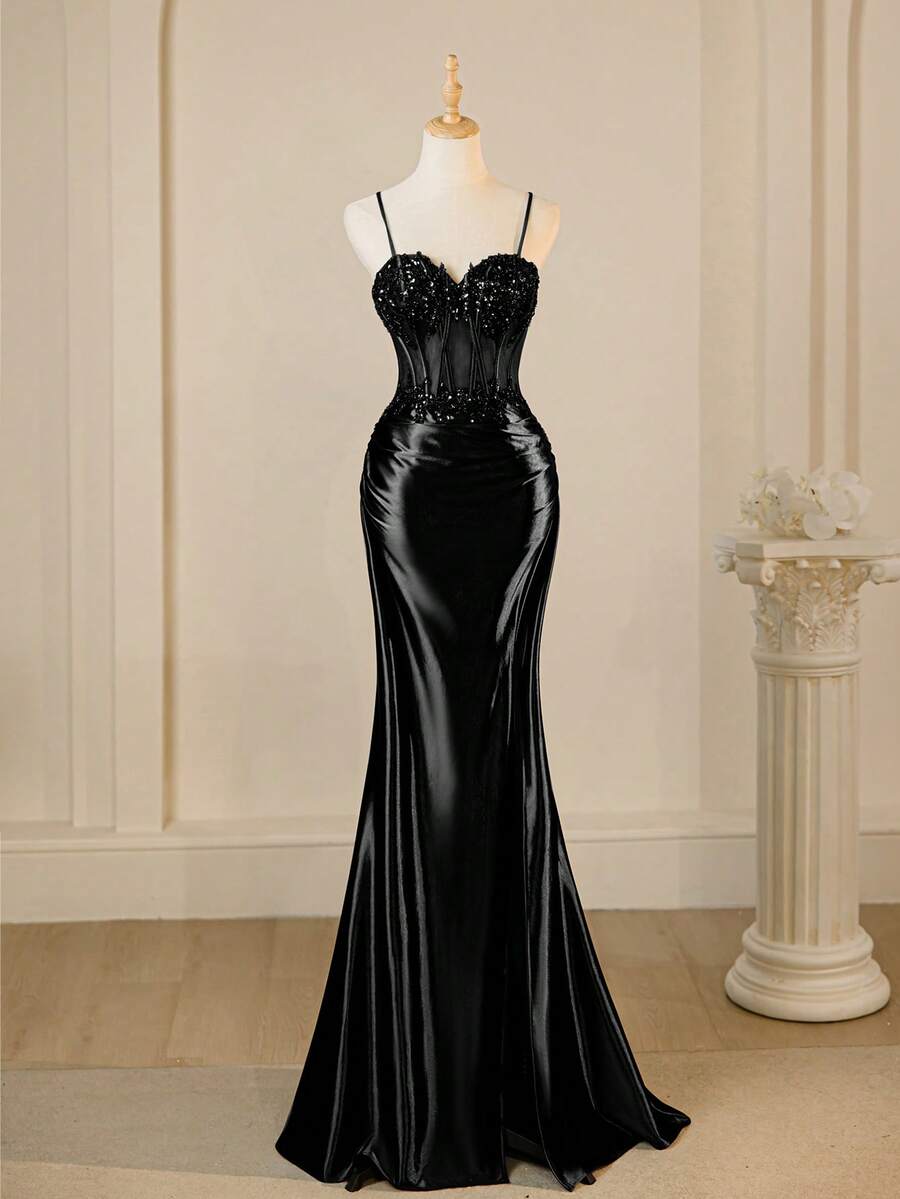Elisanya Đầm dạ hội dự tiệc cocktail hở đùi sang trọng kết hợp ren và sequin sang trọng dây mảnh quyến rũ dành cho nữ - màu đen - Xem 1