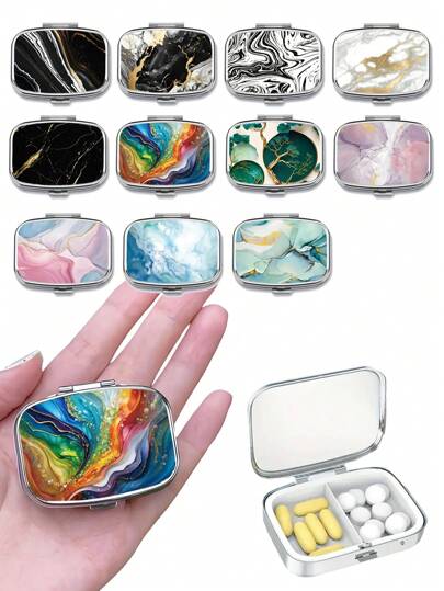 1pc Marble Pattern Metal Pill Box With 2 Compartments - Fashionable, Portable Travel & Daily Use Pill Storage Case - Ideal Gift For Women, Men Or Unique Creativity, Pill Box