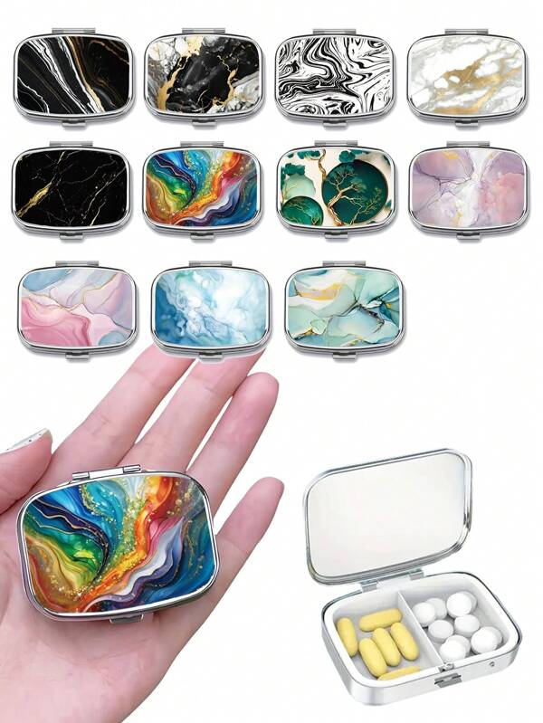 1pc Marble Pattern Metal Pill Box With 2 Compartments - Fashionable, Portable Travel & Daily Use Pill Storage Case - Ideal Gift For Women, Men Or Unique Creativity, Pill Box