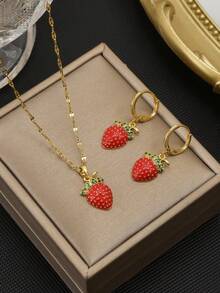 1 套全水晶蝴蝶结红草莓不锈钢女士可爱奢华项链和耳环套装 - 金黃色 - 查看 16