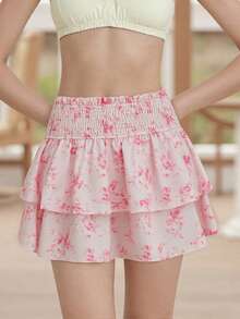 Pink Floral Boho Mini Skirt For Women Tiered Layered Polyester Skirt With Shirred Detail And Ruffle Hem - 粉色 - 查看 2