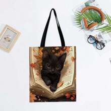 1 pièce Sac fourre-tout en canevas "La vie est meilleure avec des chats et des livres" - Sac à épaule mignon pour amateurs de chats, sac fourre-tout kawaii pour dames, design de chat noir et de livre pour femmes à la mode, sac fourre-tout unique et élégant