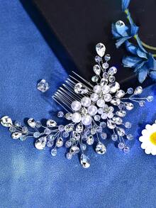 1 pieza Accesorio para el cabello hecho a mano con cristal y perla falsa, peineta para mujer para uso diario, fiesta, fotografía, peinado recogido, adecuado para boda, baile, banquete, accesorios del Día de San Valentín - Plateado - Ver 6