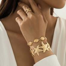 Conjunto de 3 peças de pulseira de estrela do mar dourada martelada, anel, conjunto de joias de pulseira de concha, estilo elegante de férias no oceano, versátil para festas, encontros e feriados