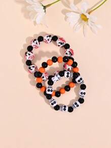 3pcs Gothic Goth Horror Blood Hand Skull Pumpkin Spider Print Wooden Bead Bracelet, Punk Style Elastic Wrist Strap, Unisex, Suitable For Halloween Party Holiday Gift