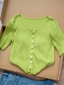 Floral Button Short Sleeve Cardigan Sweater For Women, Avocado Green Round Neck Fitted Elegant Blouse For Summer