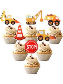 14 pezzi Decorazioni per torte a forma di veicoli da costruzione, decorazioni per cupcake a tema costruzione, segnali di stop, camion ribaltabili, escavatori, trattori per torte di feste, stuzzicadenti decorativi, decorazioni per feste a tema costruzione, forniture per feste di compleanno