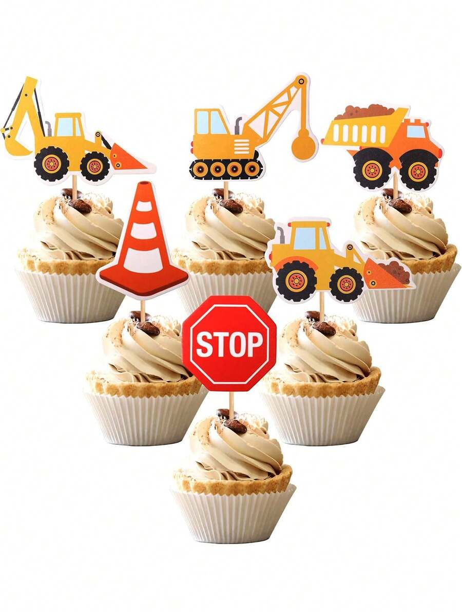 14 pezzi Decorazioni per torte a forma di veicoli da costruzione, decorazioni per cupcake a tema costruzione, segnali di stop, camion ribaltabili, escavatori, trattori per torte di feste, stuzzicadenti decorativi, decorazioni per feste a tema costruzione, forniture per feste di compleanno