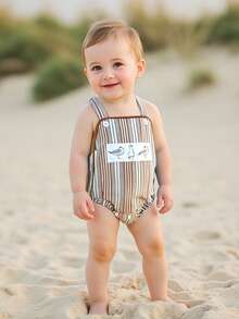 Baby Boy Summer Romper - Striped Overalls With Dog/Crayfish/Bird Embroidery  Sleeveless Play Outfit 0-18M - Khaki - View 3