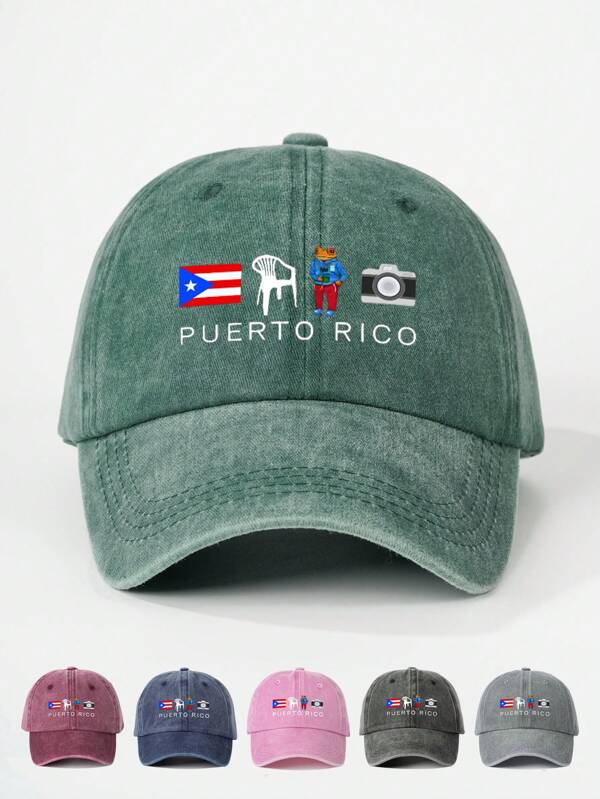 1 pieza Gorra de béisbol lavada con estampado de Puerto Rico, sombrero casual ajustable para exteriores y protección solar para primavera y otoño, ideal para viajes, vacaciones en la playa y estilo Y2K para gente joven