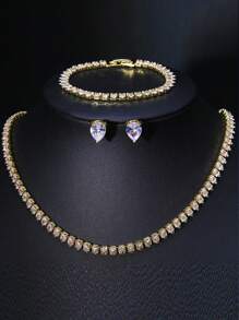 Gorgeous Buling AAA Clear Round Cubic Zirconia Wedding Bridal Necklace Earrings Party Jewelry Set For Women