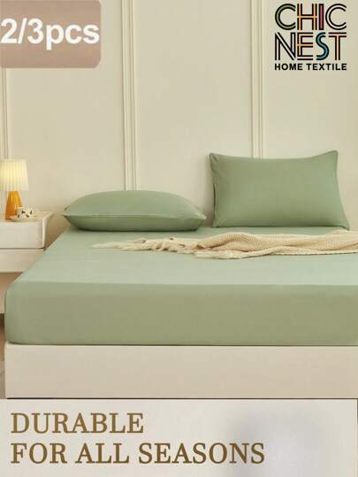 2/3pcS Solid Color Green Fitted Sheet Set (1Pc Fitted Sheet+2pcs Pillowcases), Mattress Protector, Mattress Cover For Bed, Bed Sheet Set, Soft And Breathable, For All Size Bed -Twin, Full, King, Queen Size Sheet Deep Pocket Up To 11.8 Inch Home Textile
