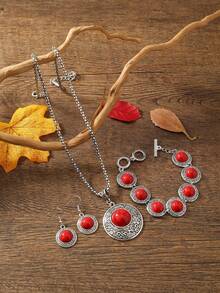 3pcs Vintage Set | Red & Turquoise Necklace - Red - View 4