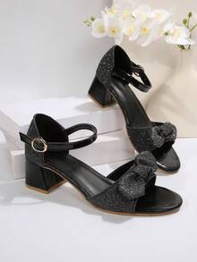 1 Pair Shiny Glitter Bow-Knot T-Strap Platform Round Toe Sandals, 5cm Chunky Heel, Elegant Fashion Comfortable Sandals For Teenage Girls, Suitable For Daily, Party, Wedding, Office, Indoor & Outdoor, Spring & Summer 2025 New Arrival - Black - View 2
