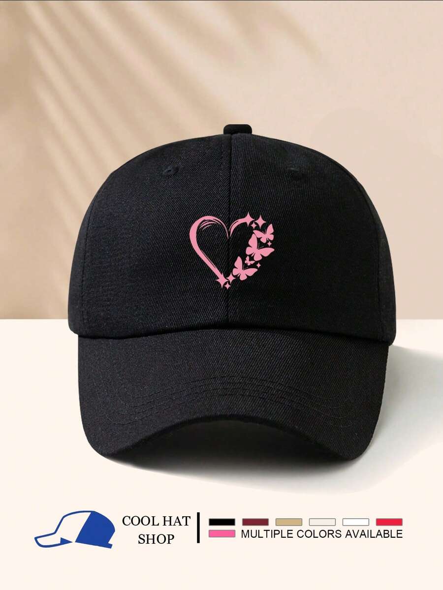 Boné de beisebol com estampa de coração e borboleta, boné hipster descolado com aba curva, chapéu de sol ajustável, leve e respirável, adequado para o deslocamento diário feminino, item de moda essencial para ciclismo ao ar livre, praia, pesca, golfe - Multicolorido - Ver 1