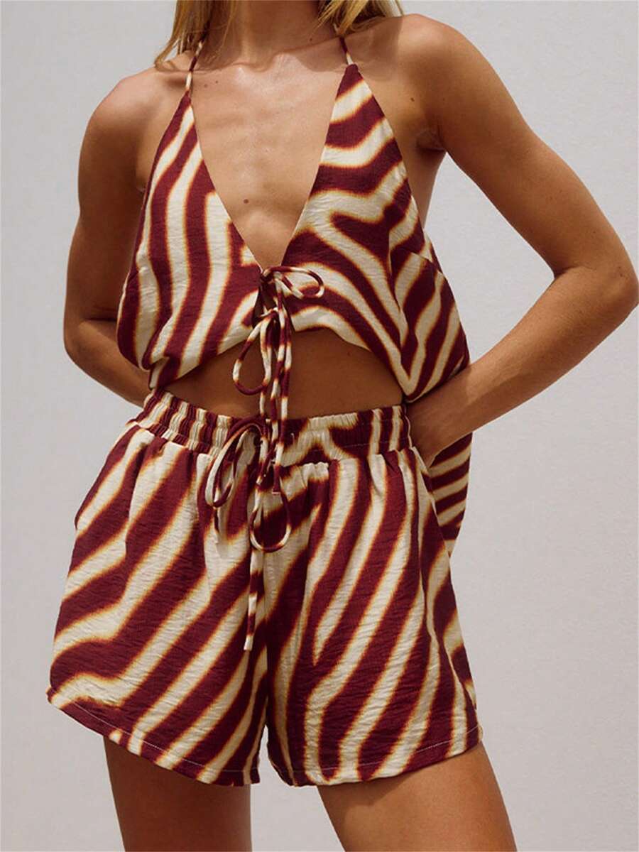Women Shorts Set, Tree/Stripes Print Tie-Up Vest With Shorts Summer Outfit For Party Club - 棕色 - 查看 1