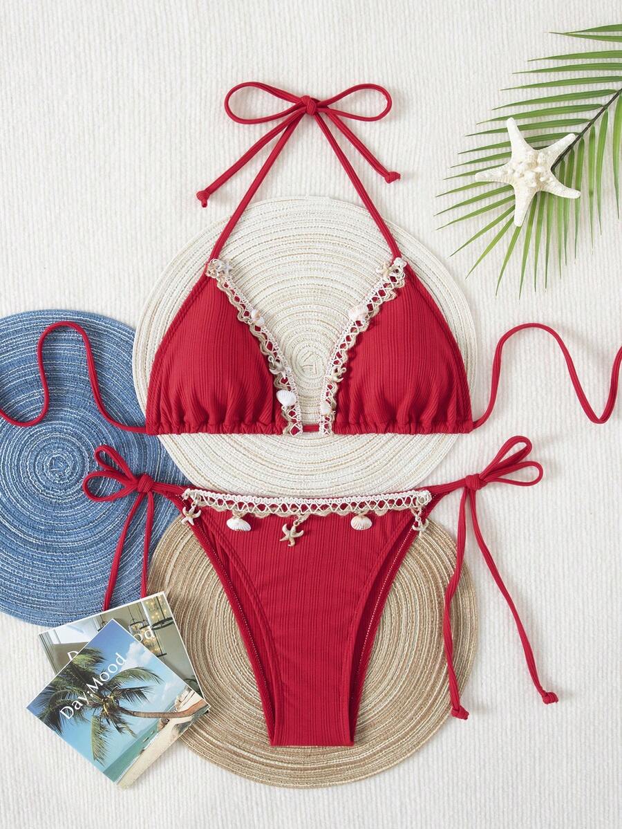 New Soft Spaghetti Strap Backless Swimwear Set With Shell Decor - Red - View 1