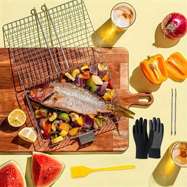 Portable Outdoor BBQ Tool Set With Grill, Wood Handle BBQ Tools, Skewers & Accessories
