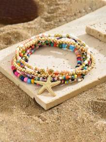 Tobillera con colgante de estrella de mar estilo bohemio-chic con cuentas de arroz de colores - Joyería vintage de playa multicapa de aleación, regalo perfecto para ella