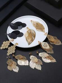 2pcs Vintage Style Gold Tree Leaf Clip-On Earrings, Fashion Design Personalized Earrings For Women Without Pierced Ears - Gold - View 2