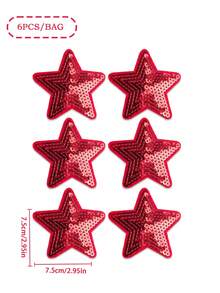 6pcs Red Sequin Five-Pointed Star Pattern Cloth Patches, Cartoon Style Embroidery Sew-On Applique Decals, DIY Craft For Clothes, Shoes, Bags And More - Red - View 3
