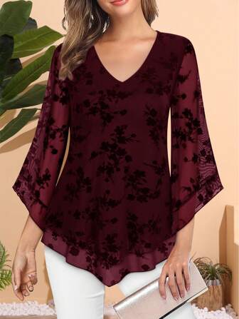 CheersLife Women Dressy Blouse V Neck Double Layers Elastic Mesh Casual Flowy Work Shirts Ruffle 3/4 Flared Sleeve Tunic Tops