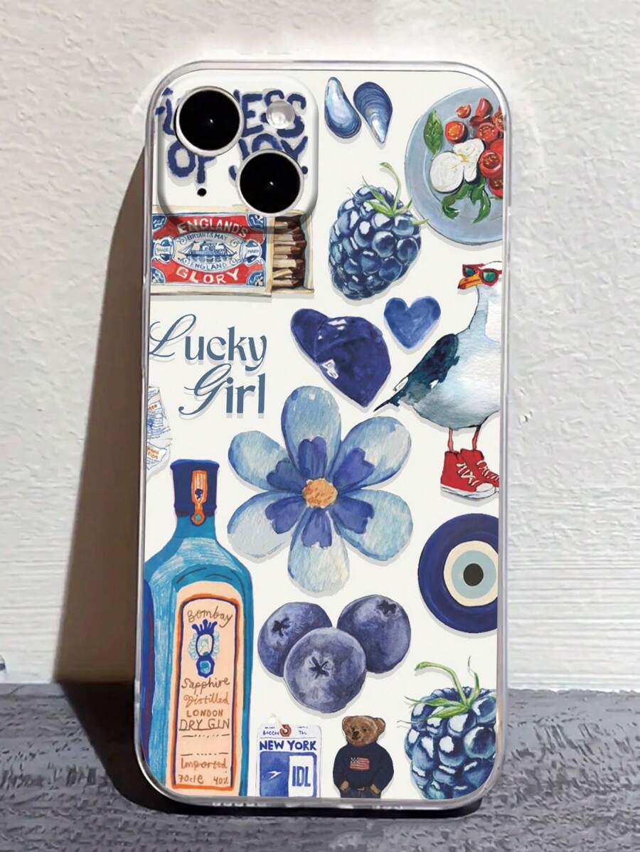 Blue Phone Case 1pc Transparent Blue Perforated Sturdy Painted Phone Case Protective Cover Compatible With IPhone 16/11/16pro/16plus/16promax/16e/15Promax