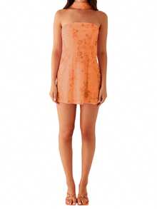 Women Sequin Beaded Sheer Tube Dress Sparkly Embroidery Strapless Rhinestone Embellished Backless Bodycon Mini Dress With Choker Scarf - 橘色 - 查看 6