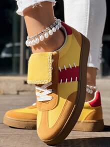 Women's Yellow Casual Athletic Sneakers, Lace-Up Comfortable Lightweight Flat Shoes, College Style  Retro Shoes, Autumn Back-To-School Big Size Footwear - Yellow - View 3