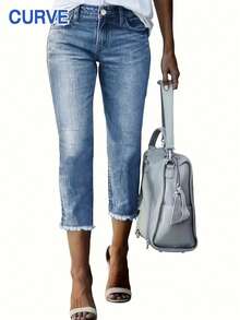 Plus Size Women Embroidered Raw Edge Skinny Elastic Cropped Pants, Old Money Style Women, Back To School, Teacher, Fall, Capri Pants For Women, Office, Vintage, Mom Jeans Women, Summer, Bottoms, Denim, Business Casual