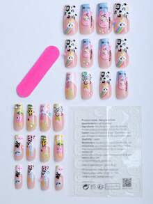 24 片长方形亚克力按压指甲礼盒装趣味粉色头发漫画指甲女孩可爱多巴胺彩虹云春天卡通郁金香愤怒蓝宝石糖果色泡泡珠性感豹纹脸黄色五角星黑色粉色手绘爱心漫画美甲派对便携式假指甲带果冻胶 1 片锉 1 美甲用品指甲 - 彩色 - 查看 2