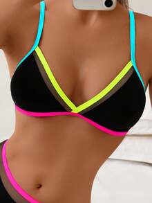 1 套女式两件套比基尼泳装，网眼拼接细肩带 V 领露背时尚休闲性感泳装 - 黑色 - 查看 3